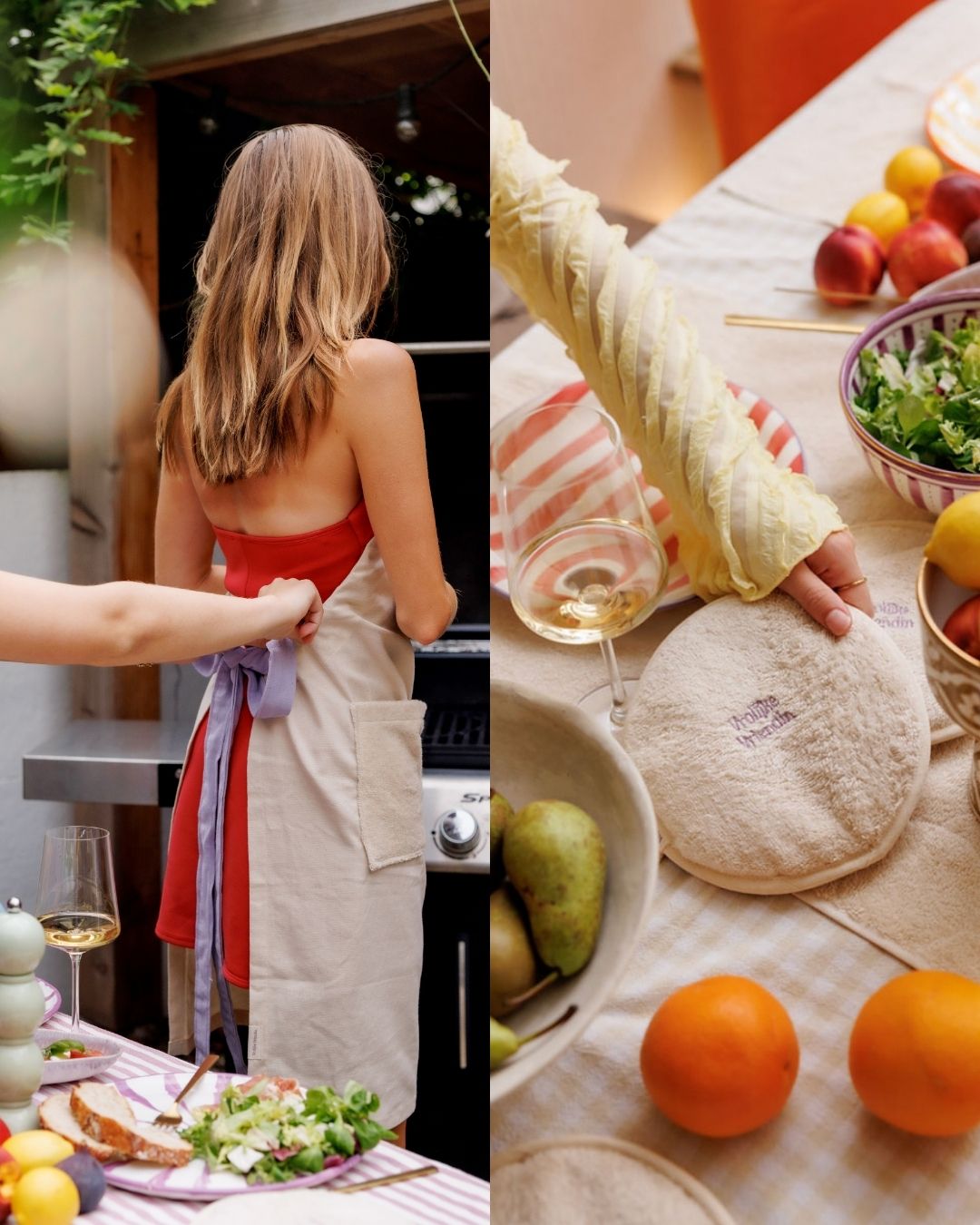 Kerstdeal: vrolijk schort lila & set pannenlappen